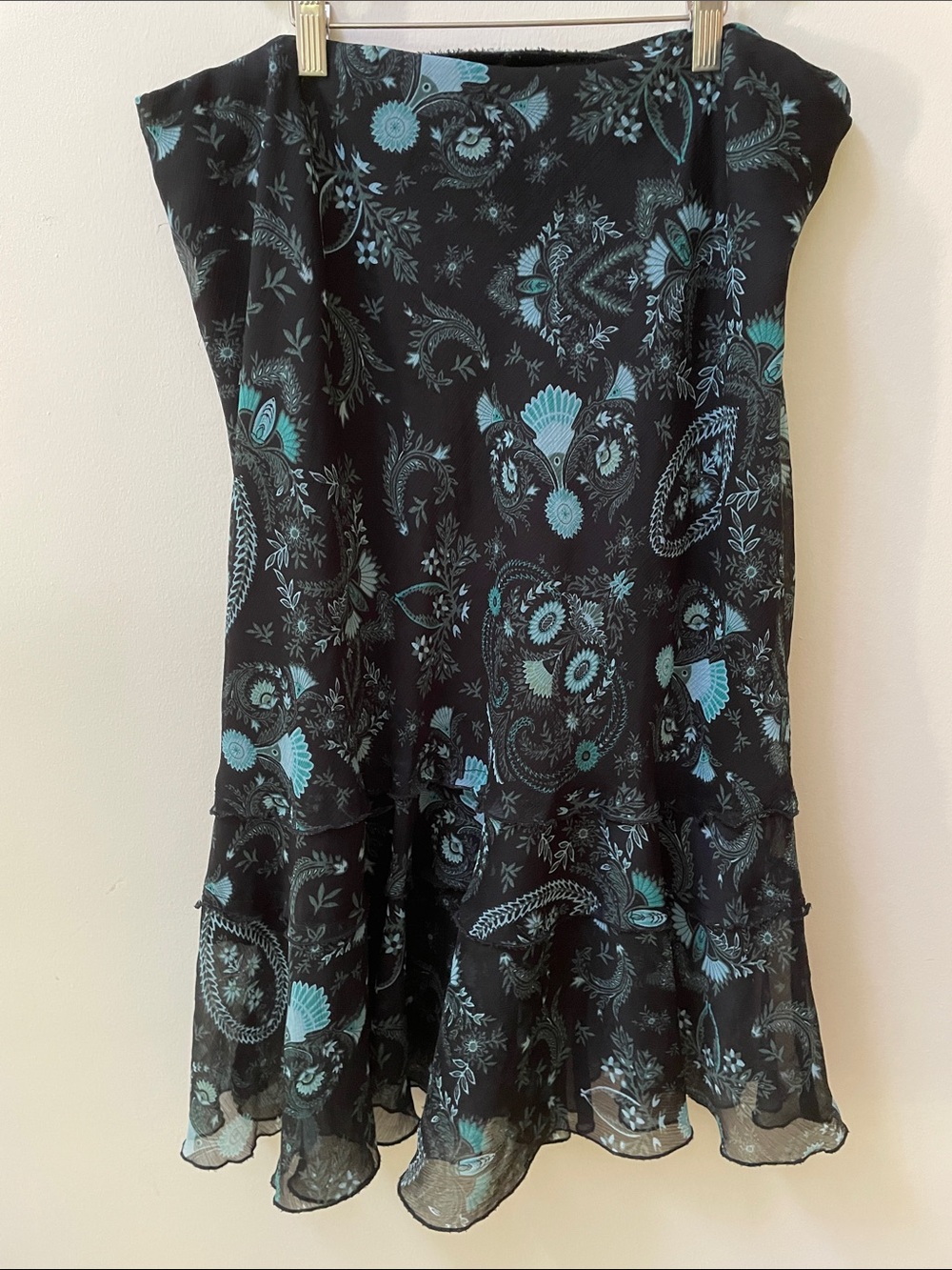 Y2K vintage Black & Teal paisley Print frilly Tiered Midi Skirt